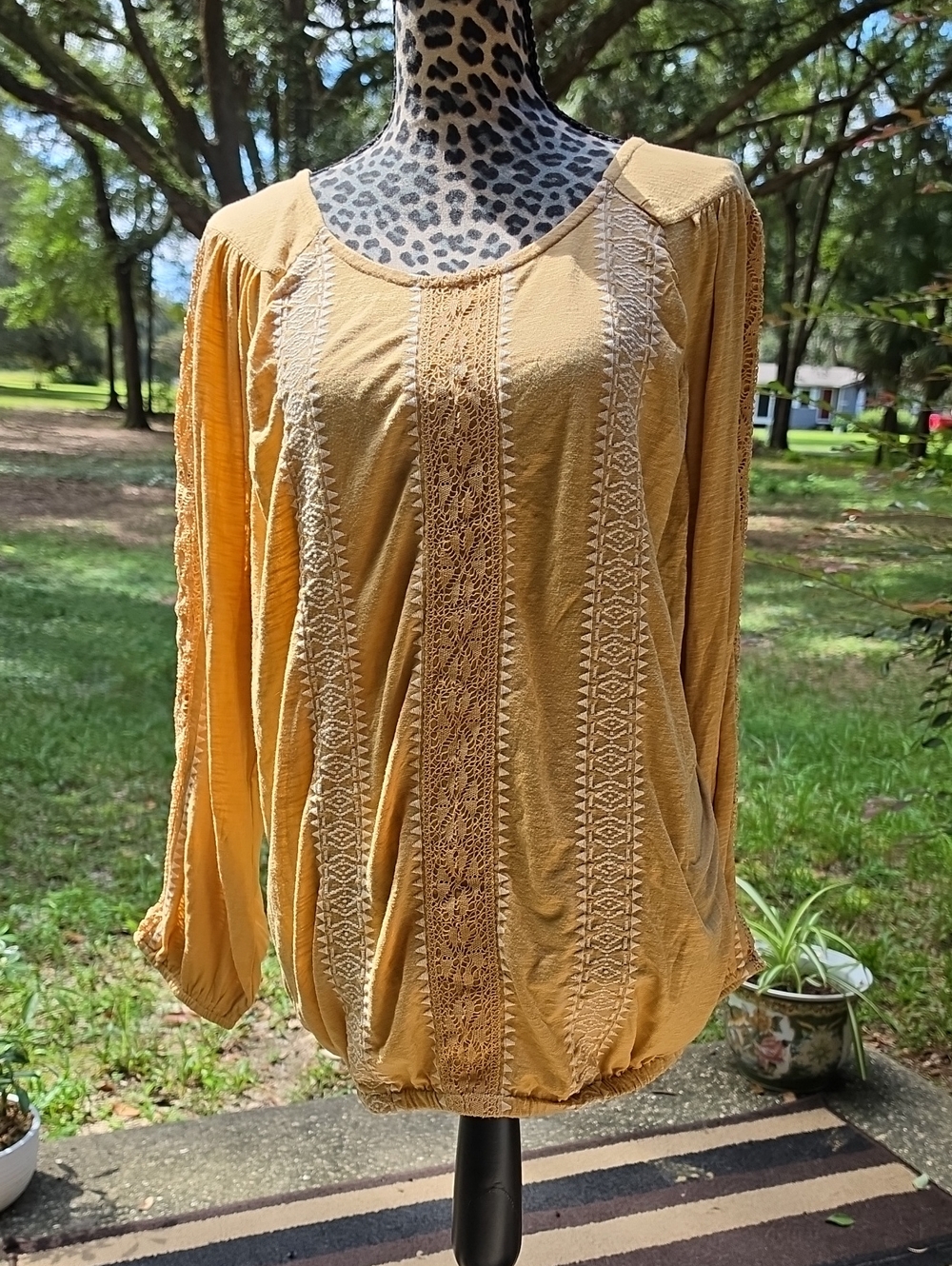 Style & Co. Mustard Yellow Embroidered Long-Sleeve Top
